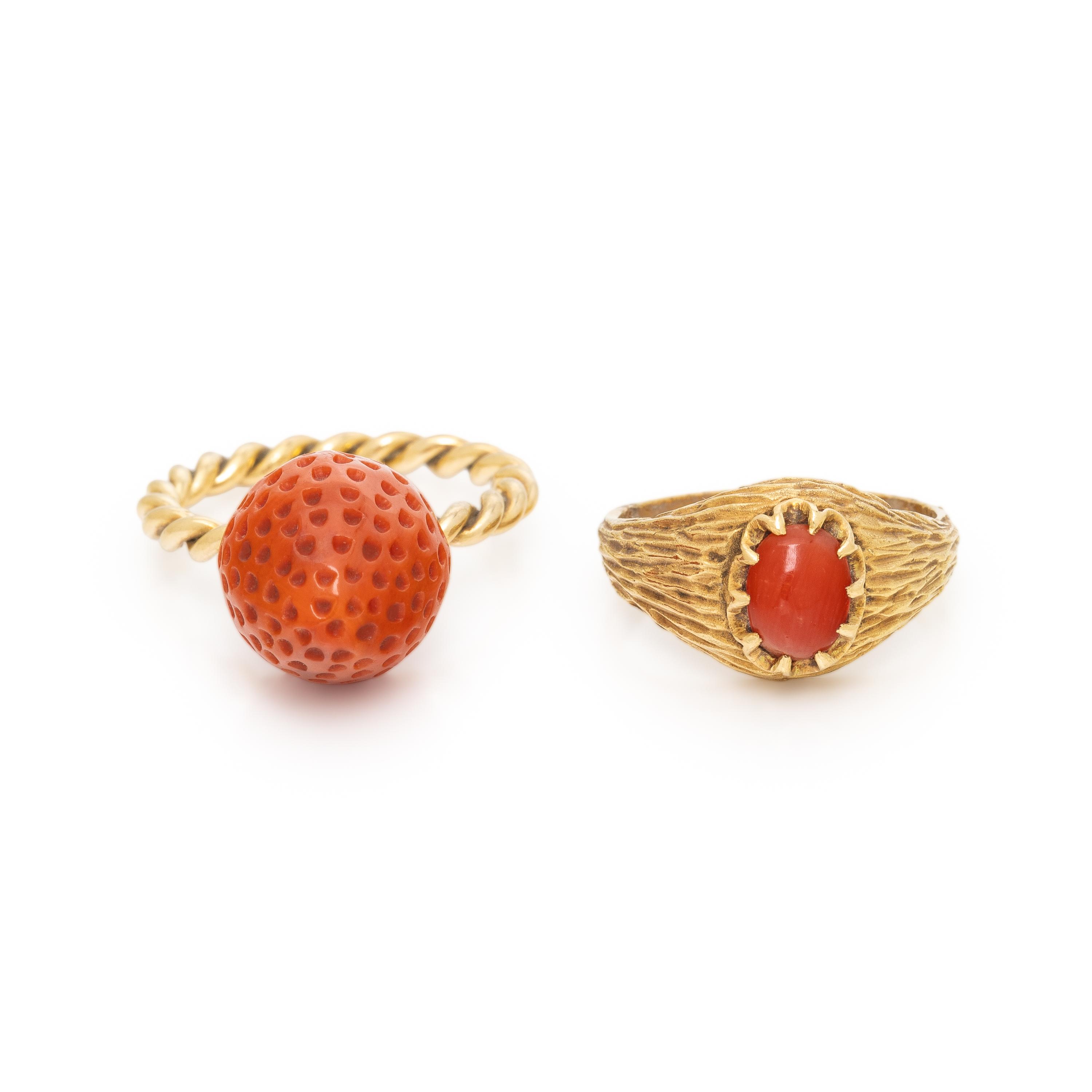 Two Coral and Yellow Gold Rings