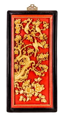 Four Gilt and Red Lacquer Wood Panels Height of each panel 33 x 15 3/4 inches.