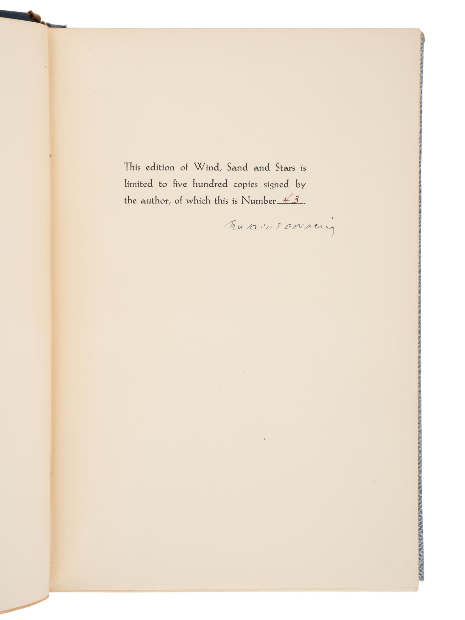SAINT-EXUPERY, Antoine de (1900-1944). Wind, Sand and Stars . New York: Reynal & Hitchcock, 1939.