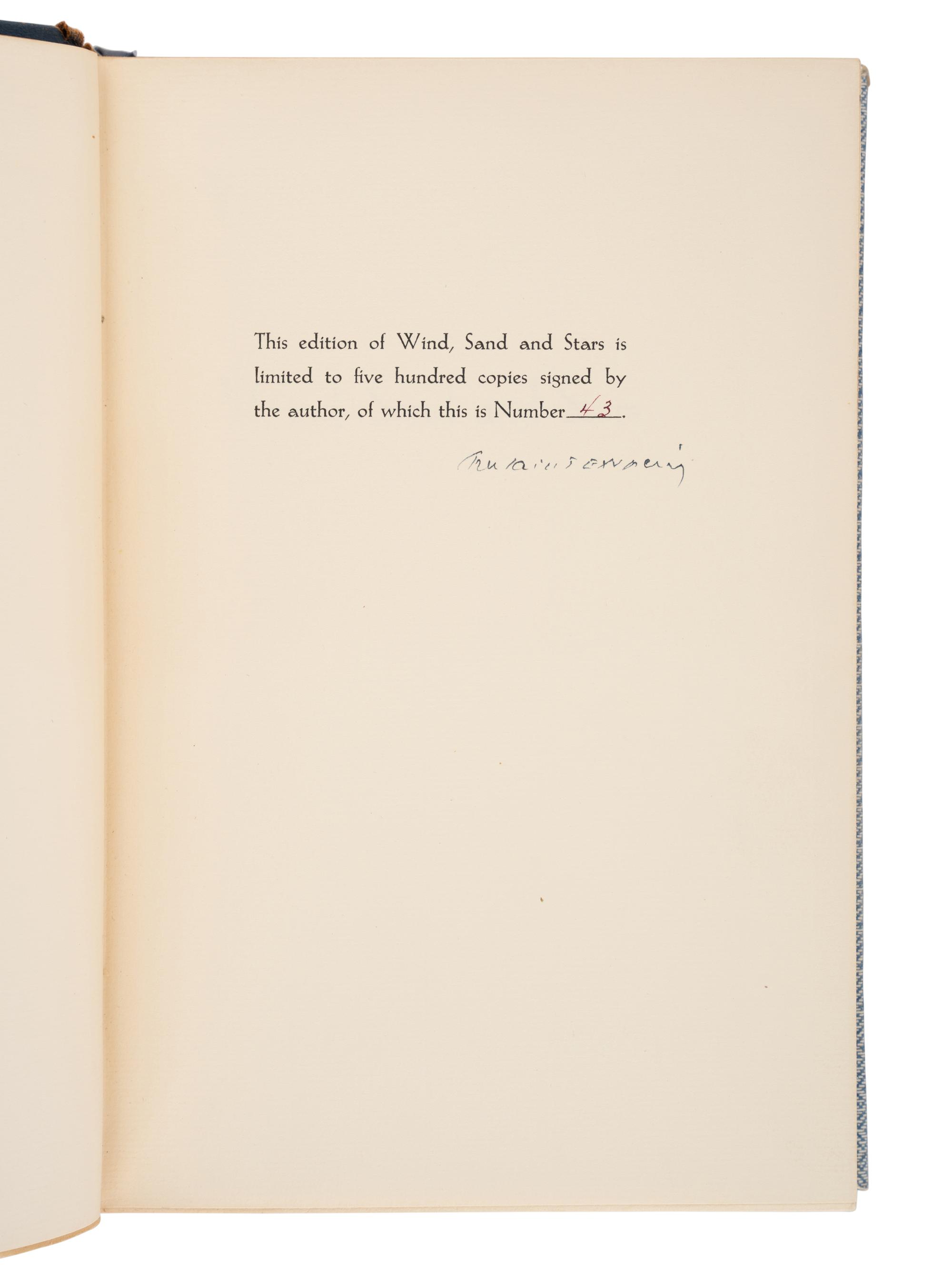 SAINT-EXUPERY, Antoine de (1900-1944). Wind, Sand and Stars . New York: Reynal & Hitchcock, 1939.