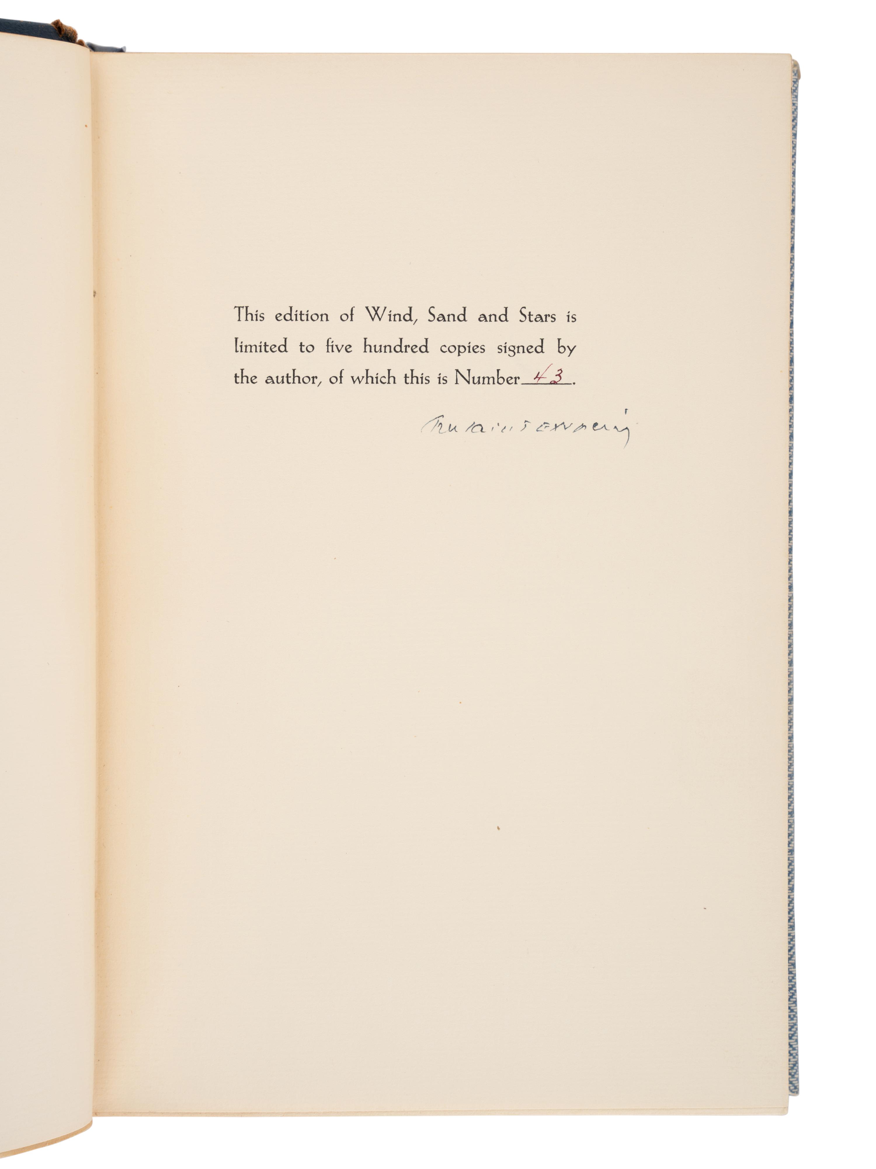 SAINT-EXUPERY, Antoine de (1900-1944). Wind, Sand and Stars . New York: Reynal & Hitchcock, 1939.