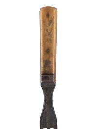 [CIVIL WAR]. A group of 7 items used by a soldier in the field, incl. US issued military cup, Navy fuse pouch, pistol cartridge box, bone handled fork, mirror with patriotic motif, and two dug spurs from the battlefield.