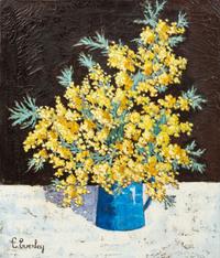 Peaches in a Blue and White Bowl , 1976, and Yellow Gorse in a Blue Pitcher (two works)