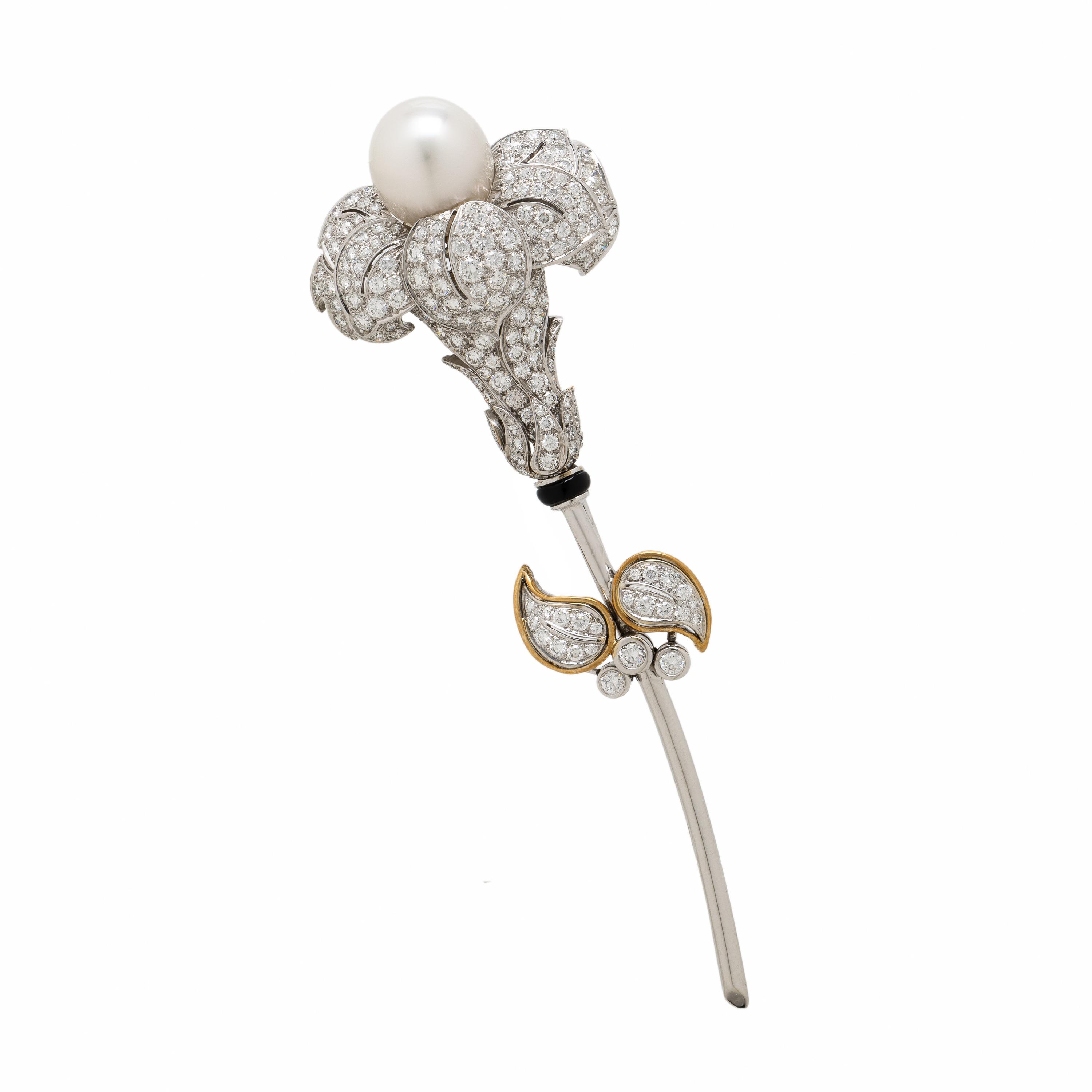 Ellagem, Diamond, Cultured Pearl, and Bicolor Gold Flower Brooch