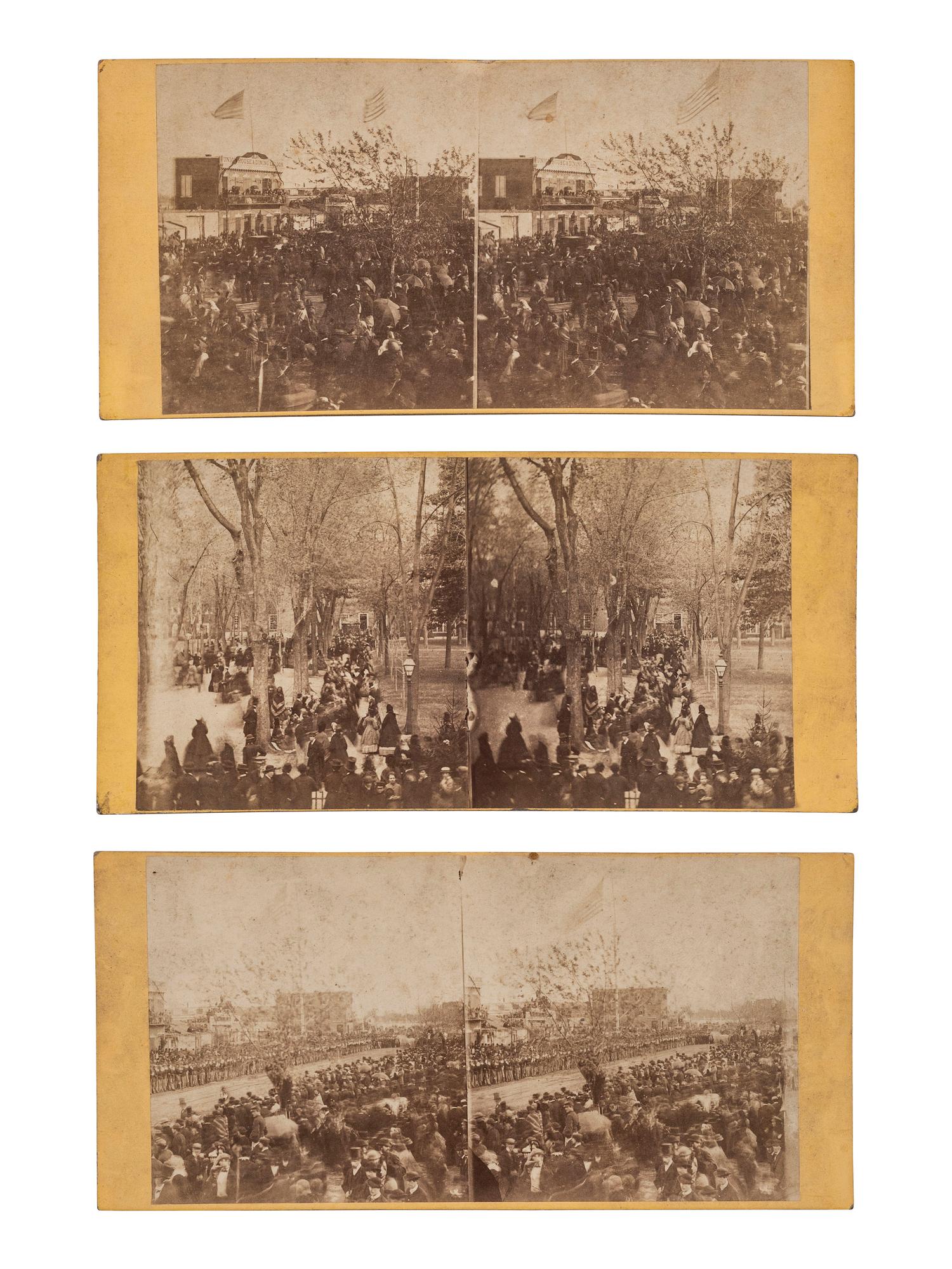 [LINCOLN, Abraham (1809-1865)]. A rare group of 5 stereoviews featuring the Lincoln funeral procession in Philadelphia. [Philadelphia, PA], [1865].