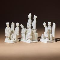 Three Chinese Blanc-de-Chine Porcelain Figural Group-Form Joss-Stick Holders, 17th Century — 清早期 德化白瓷塑人像香插三件