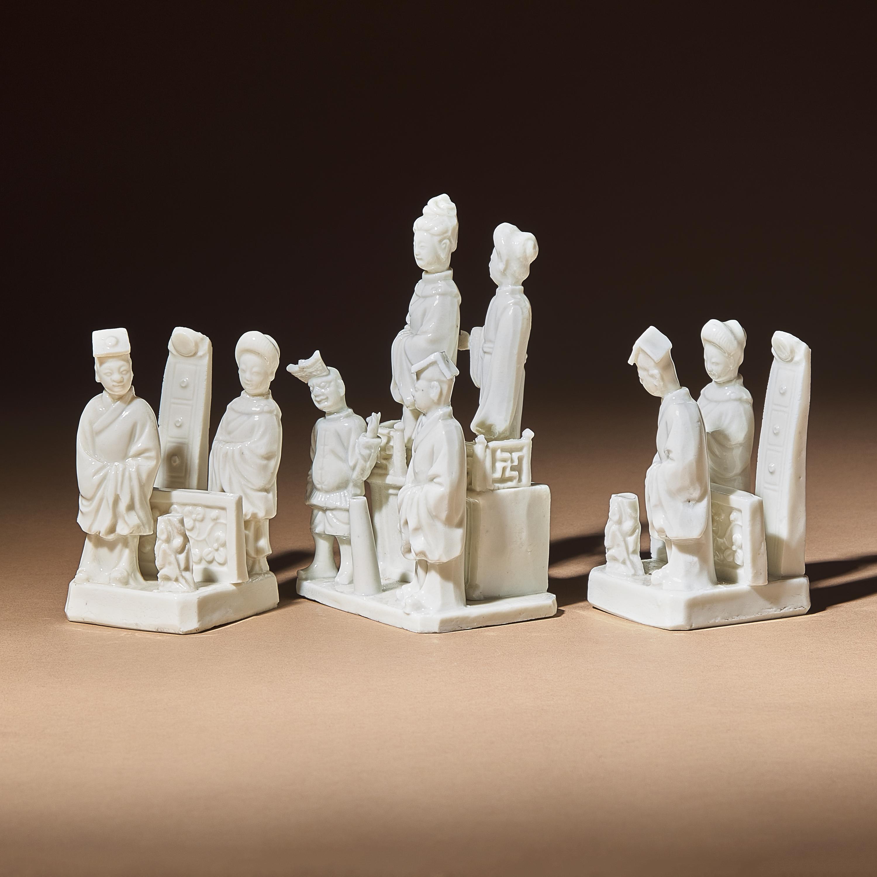 Three Chinese Blanc-de-Chine Porcelain Figural Group-Form Joss-Stick Holders, 17th Century — 清早期 德化白瓷塑人像香插三件