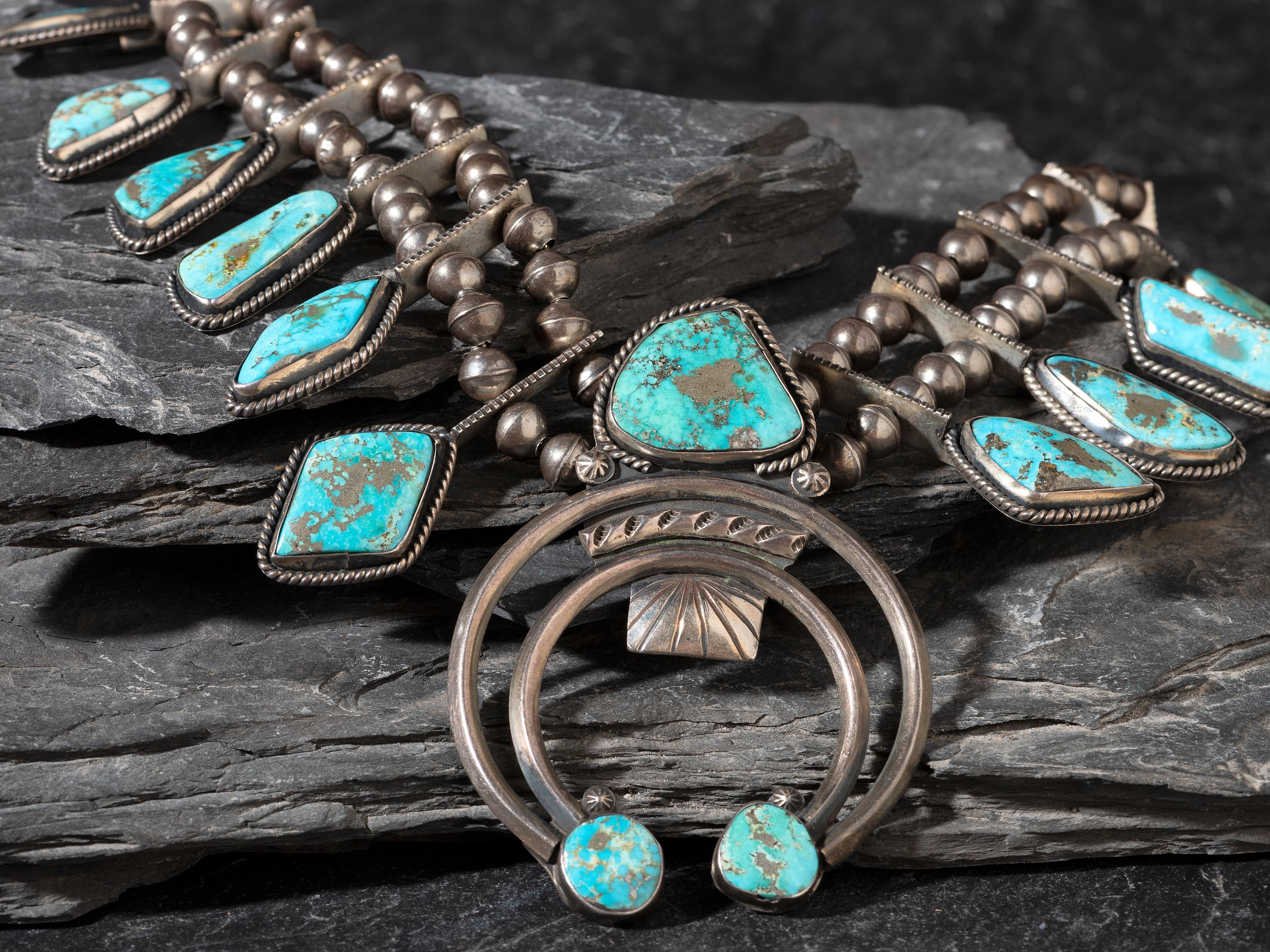 Navajo Silver and Turquoise Squash Blossom Necklace