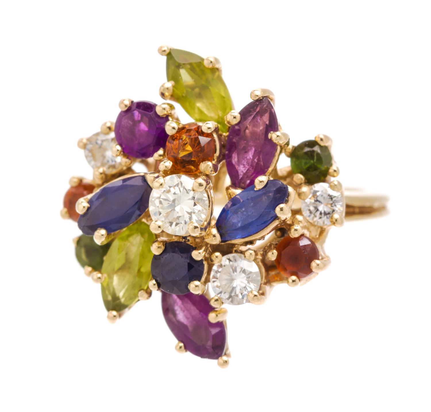 A Yellow Gold, Diamond and Multi Gem Ring, 4.30 dwts.