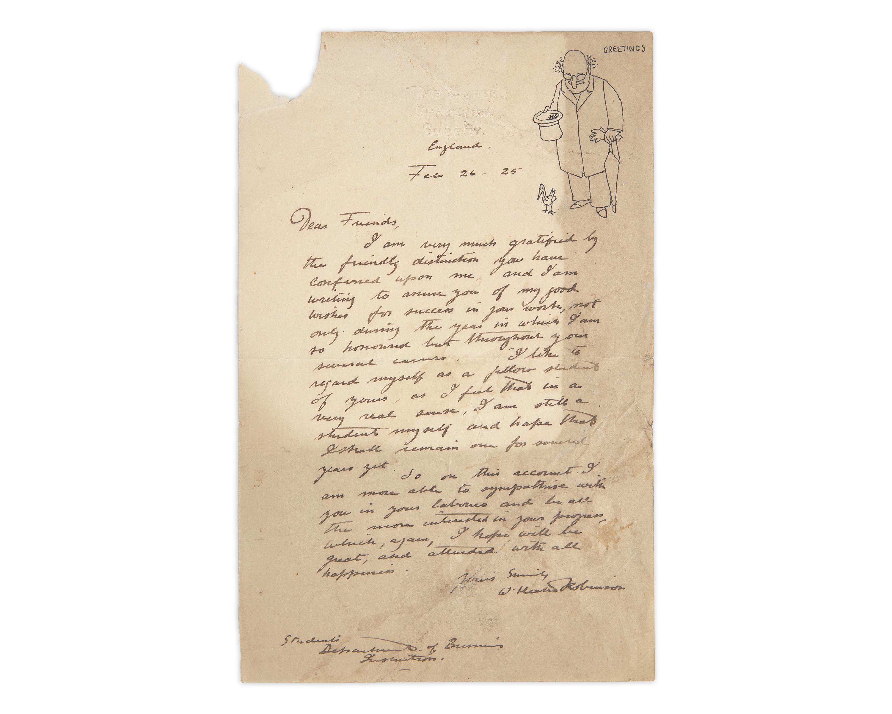 Robinson, W. Heath. Two Autograph Letters, signed, With an Original Sketch