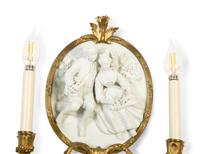 A Pair of Continental Plaster Relief Medallion and Gilt Bronze Two-Light Sconces