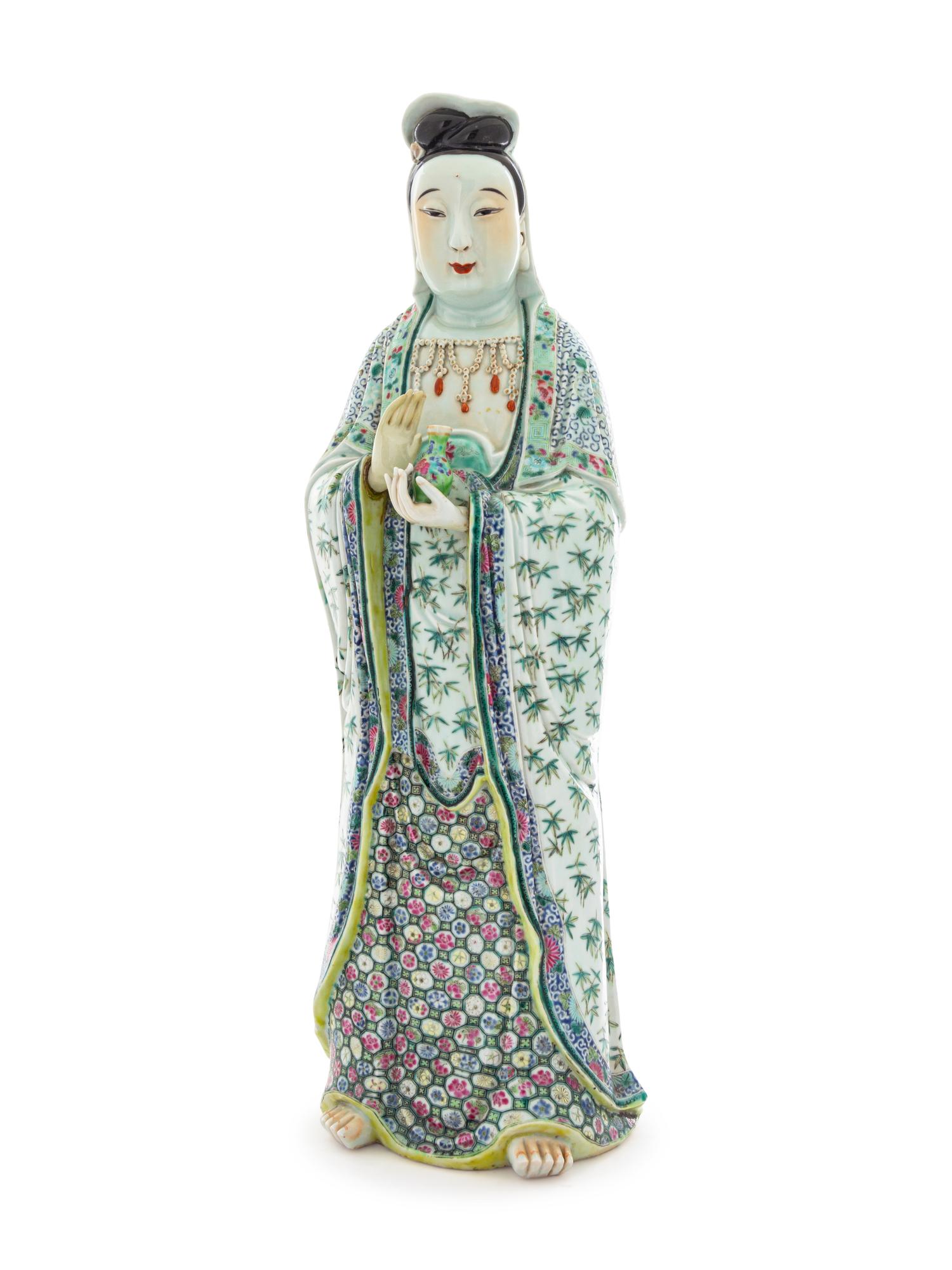 A Large Famille Verte Porcelain Figure of Guanyin