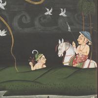 A Painting of Radha and Krishna Celebrating the Tej Festival and A Painting of Radha and Krishna Indoors Facing One Another, Probably Udaipur or Jaipur, India, 20th Century