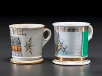 Two Retailer's Porcelain Occupational Shaving Mugs