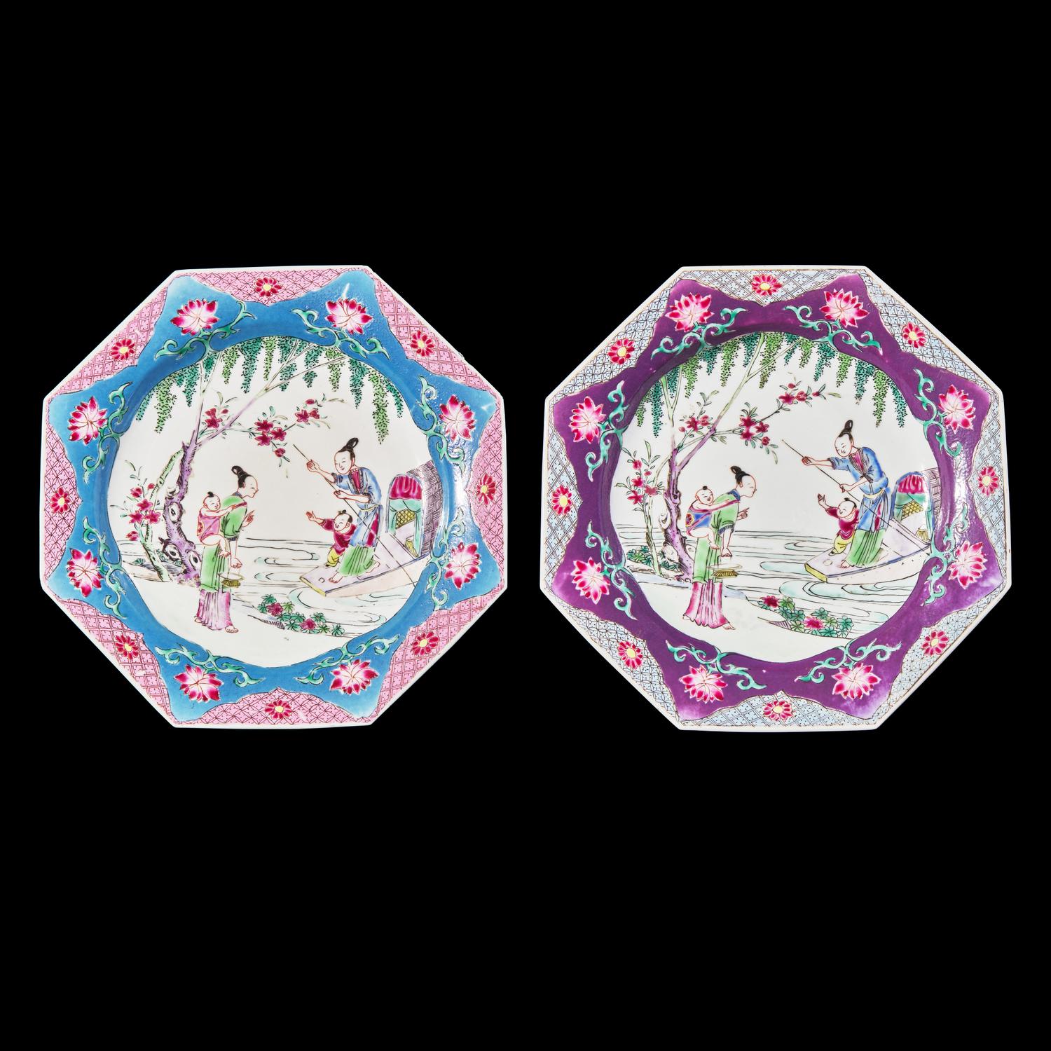 A Matched Pair of Chinese Export Famille Rose Porcelain Octagonal Dishes, Yongzheng-Early Qianlong Period 清雍正-乾隆 外銷粉彩人物八方盤兩件
