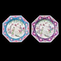 A Matched Pair of Chinese Export Famille Rose Porcelain Octagonal Dishes, Yongzheng-Early Qianlong Period 清雍正-乾隆 外銷粉彩人物八方盤兩件
