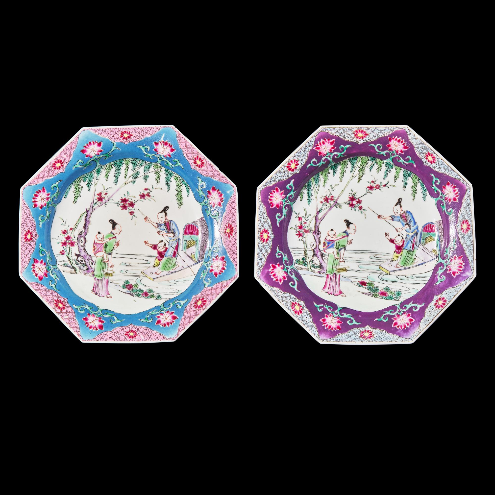 A Matched Pair of Chinese Export Famille Rose Porcelain Octagonal Dishes, Yongzheng-Early Qianlong Period 清雍正-乾隆 外銷粉彩人物八方盤兩件