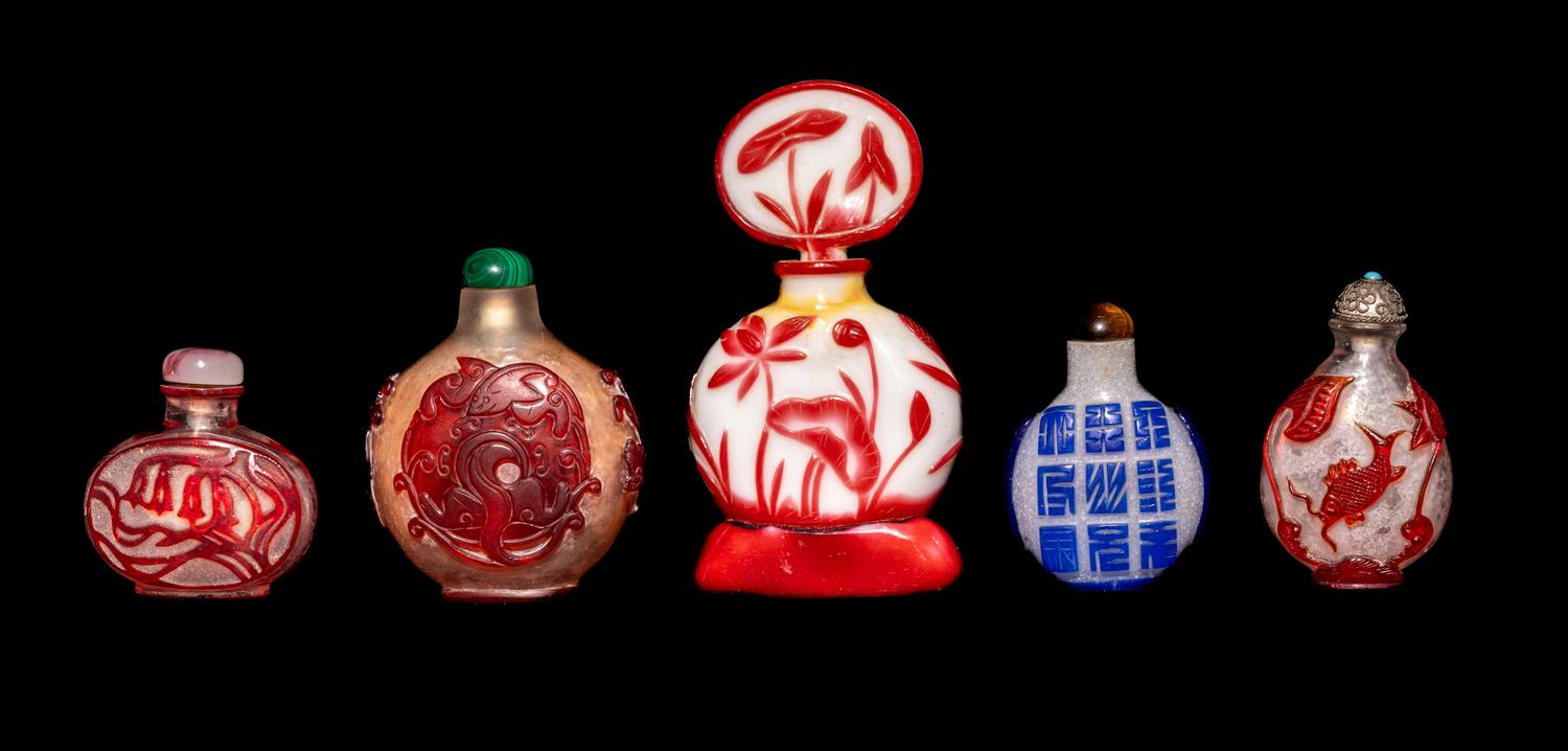 Five Chinese Colored Overlay Glass Snuff Bottles