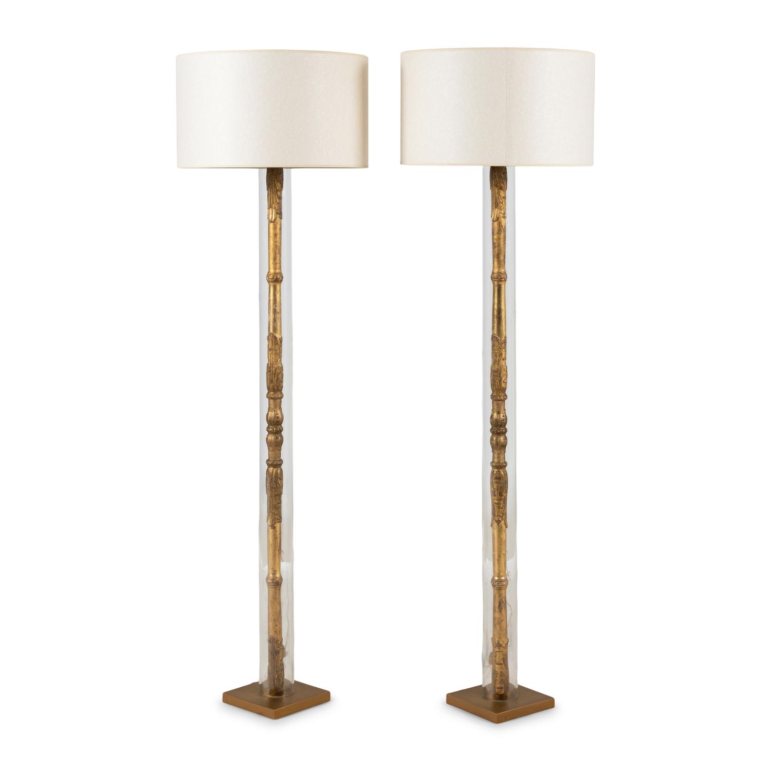 A Pair of Continental Carved Giltwood, Glass and Brass Floor Lamps