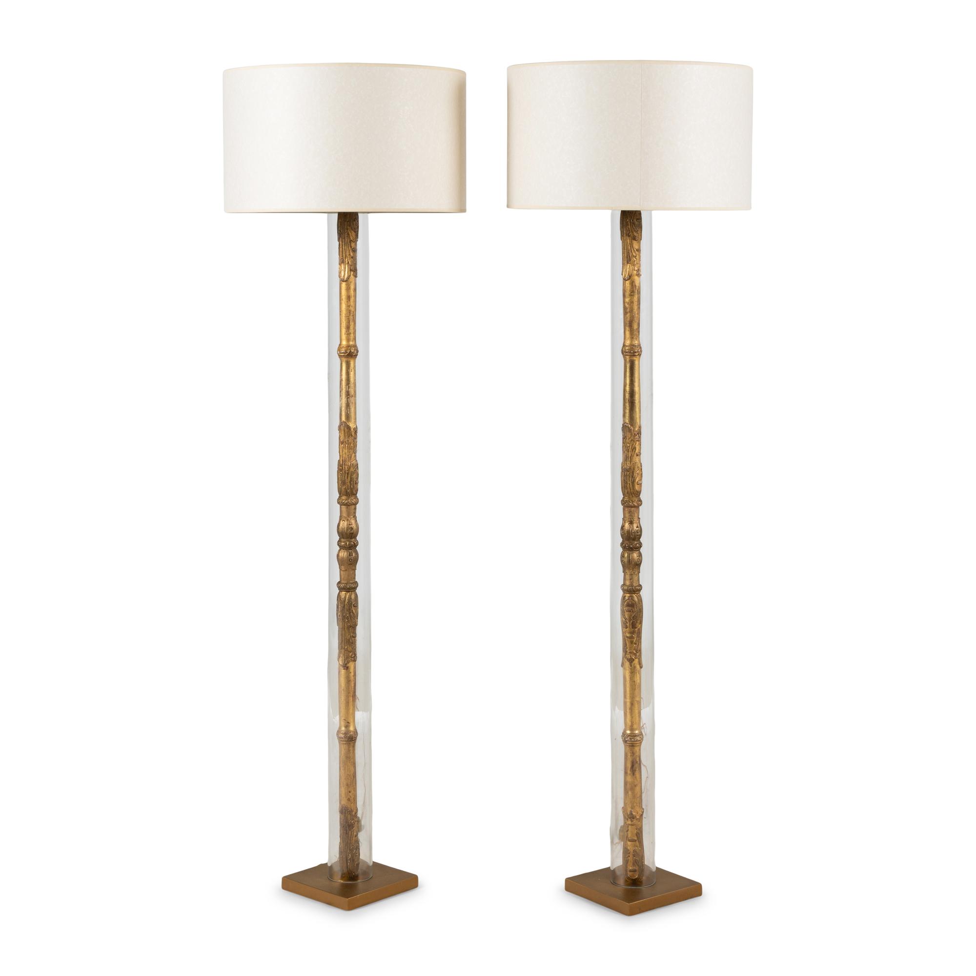 A Pair of Continental Carved Giltwood, Glass and Brass Floor Lamps