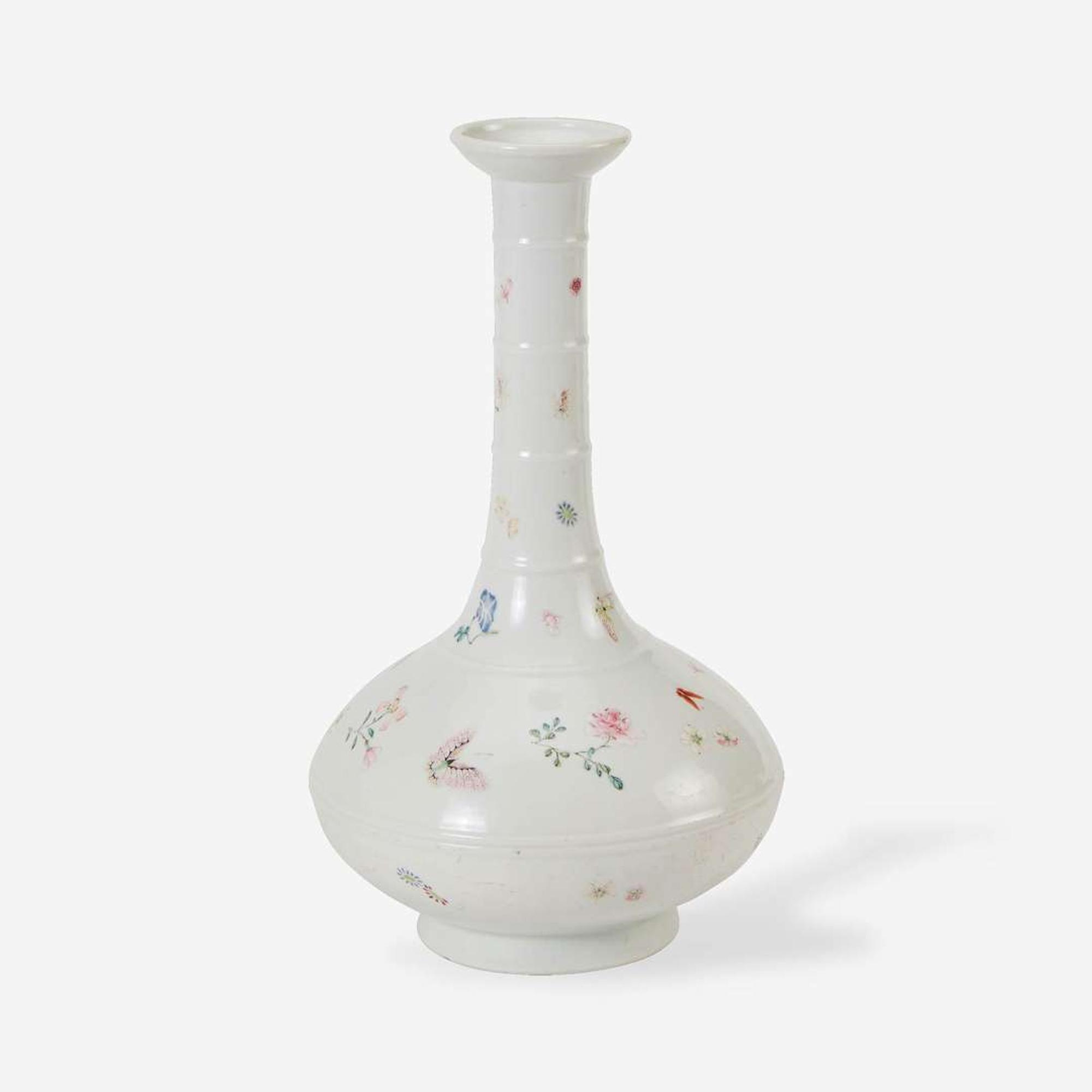 An unusual Chinese famille rose-decorated "Butterflies and Blossoms" bottle vase 珍罕粉彩長頸瓶 Yongzheng four-character mark Qing dynasty 雍正四字青花楷書款 清