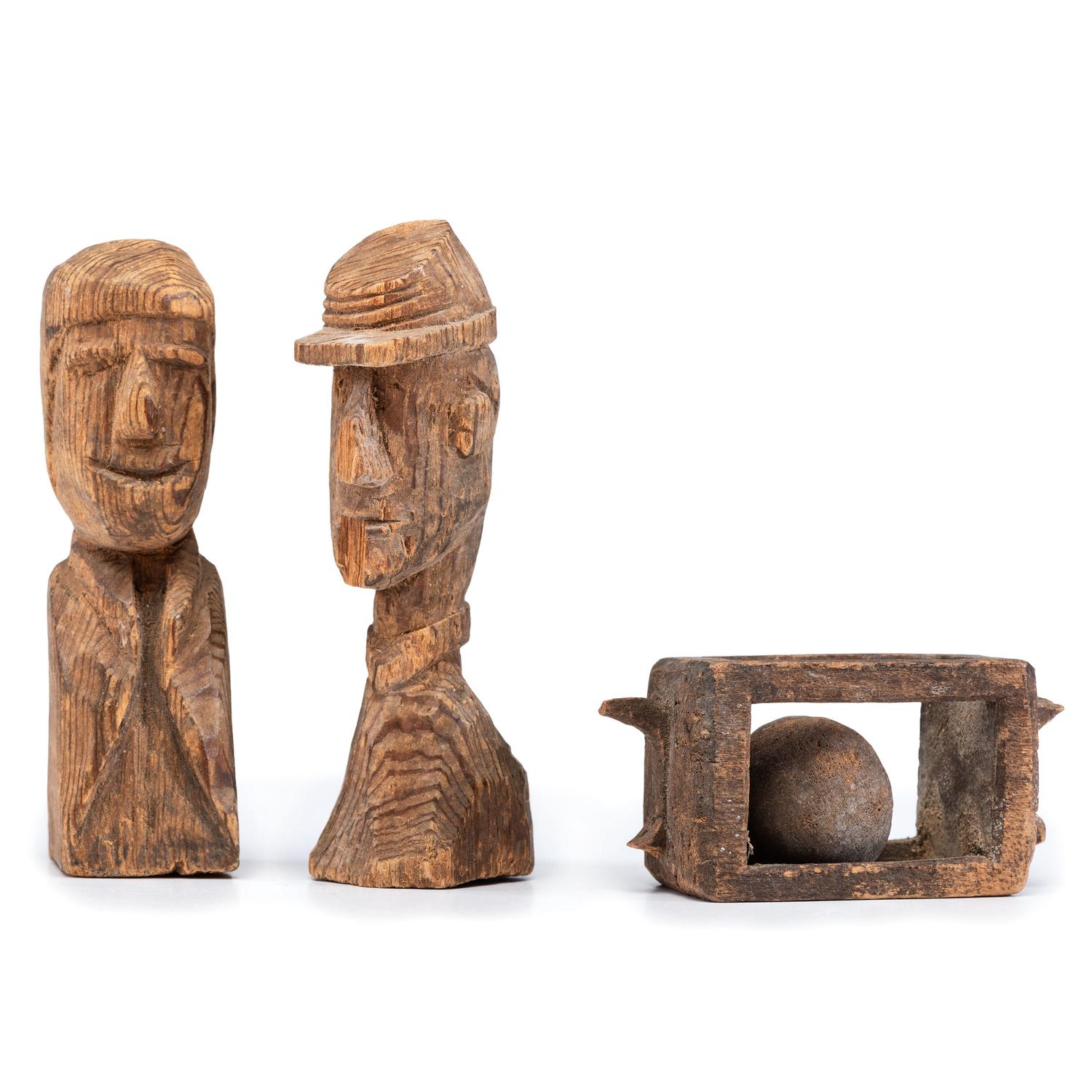 A group of 3 Civil War soldier folk art wood carvings made at Andersonville Prison, Georgia.
