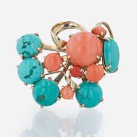 A 14K yellow gold, coral, and turquoise brooch Attrib: Seaman Schepps