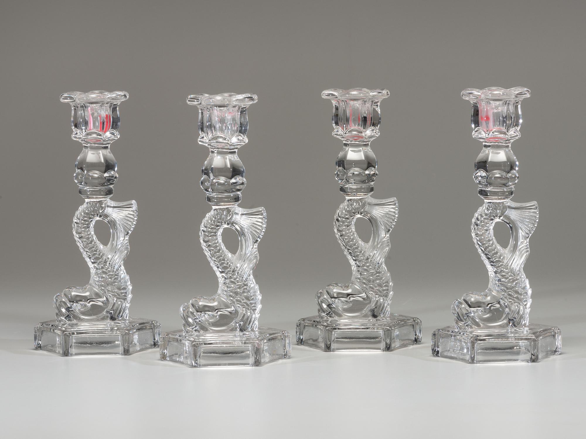 Four Molded Glass Dolphin Candlesticks