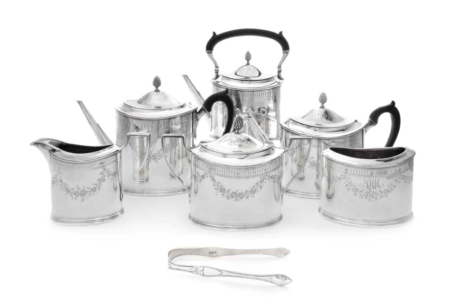 An American Silver Six-Piece Tea and Coffee Service, Sweetser Co. for Shreve, Crump & Low Co., Boston, MA, comprising a water kettle on
