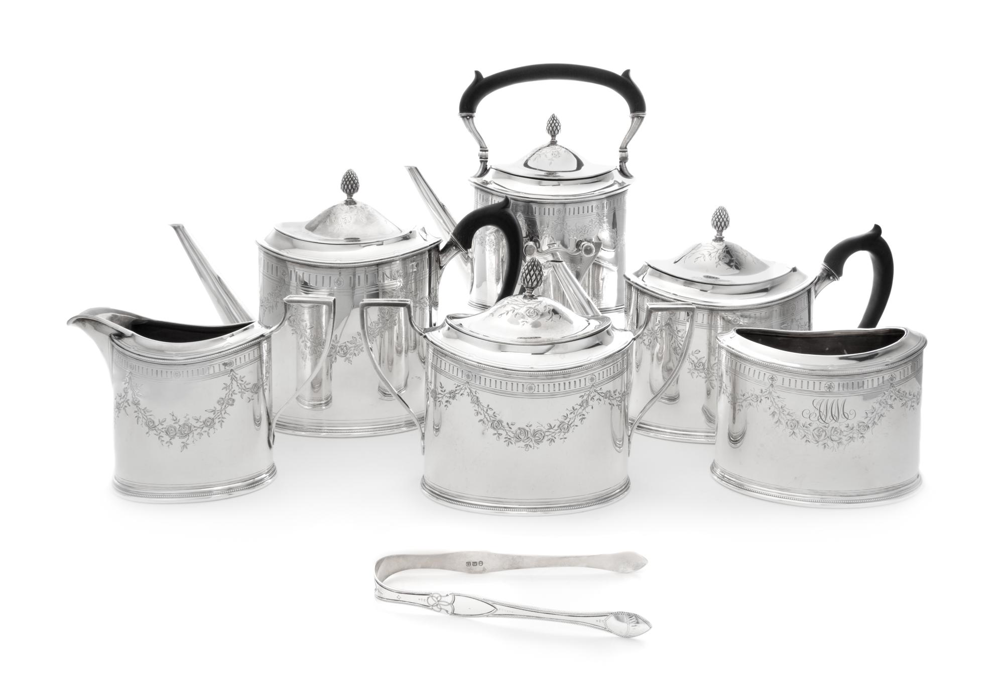 An American Silver Six-Piece Tea and Coffee Service, Sweetser Co. for Shreve, Crump & Low Co., Boston, MA, comprising a water kettle on