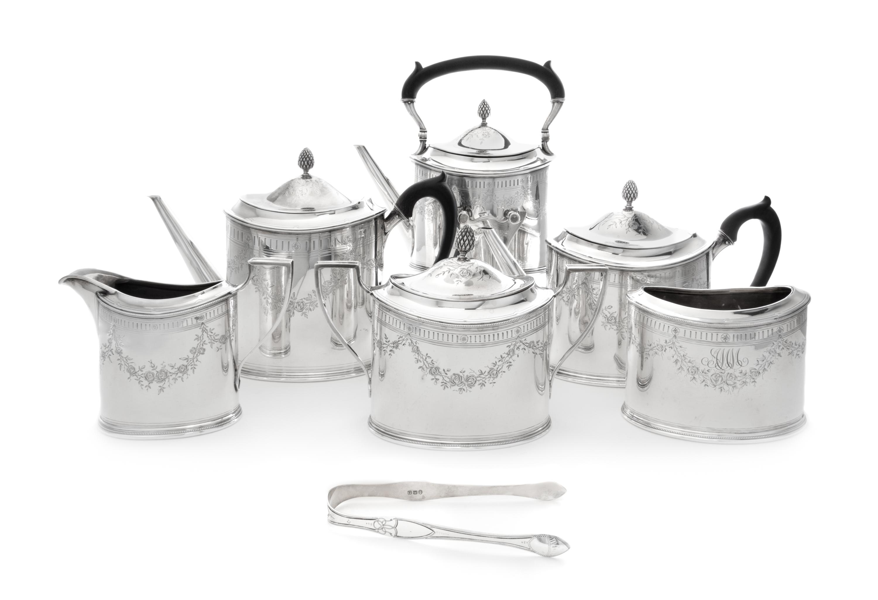 An American Silver Six-Piece Tea and Coffee Service, Sweetser Co. for Shreve, Crump & Low Co., Boston, MA, comprising a water kettle on