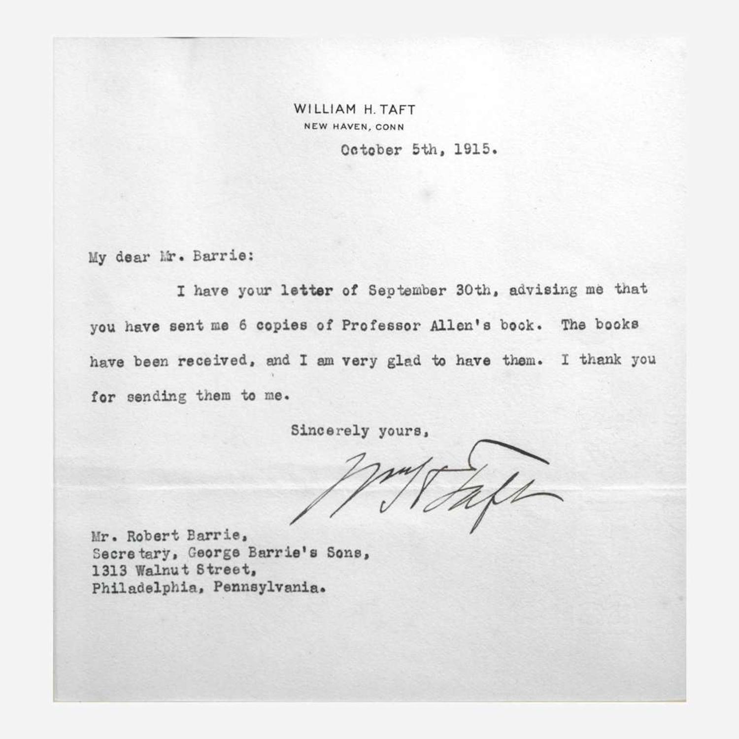 [Presidential] Taft, William H, and Woodrow Wilson and Calvin Coolidge and Herbert Hoover Group of 4 Typed Letters, signed