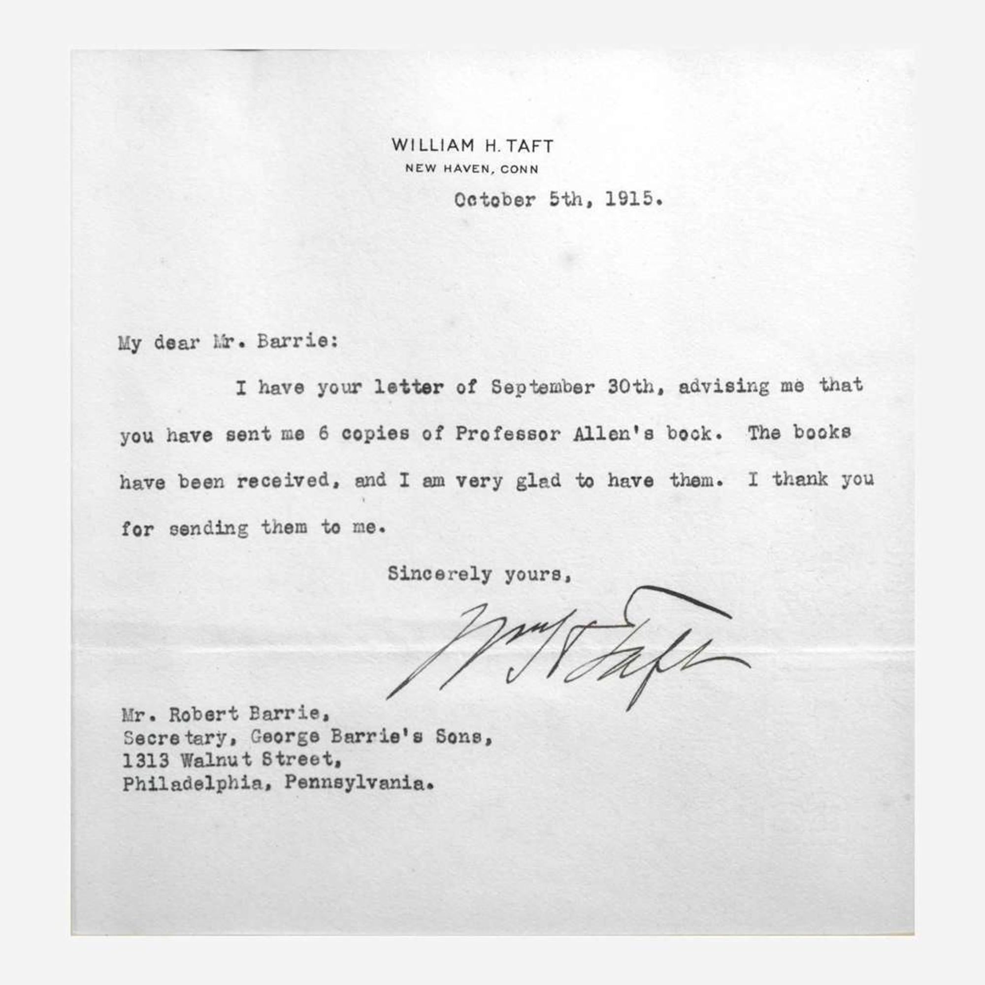 [Presidential] Taft, William H, and Woodrow Wilson and Calvin Coolidge and Herbert Hoover Group of 4 Typed Letters, signed