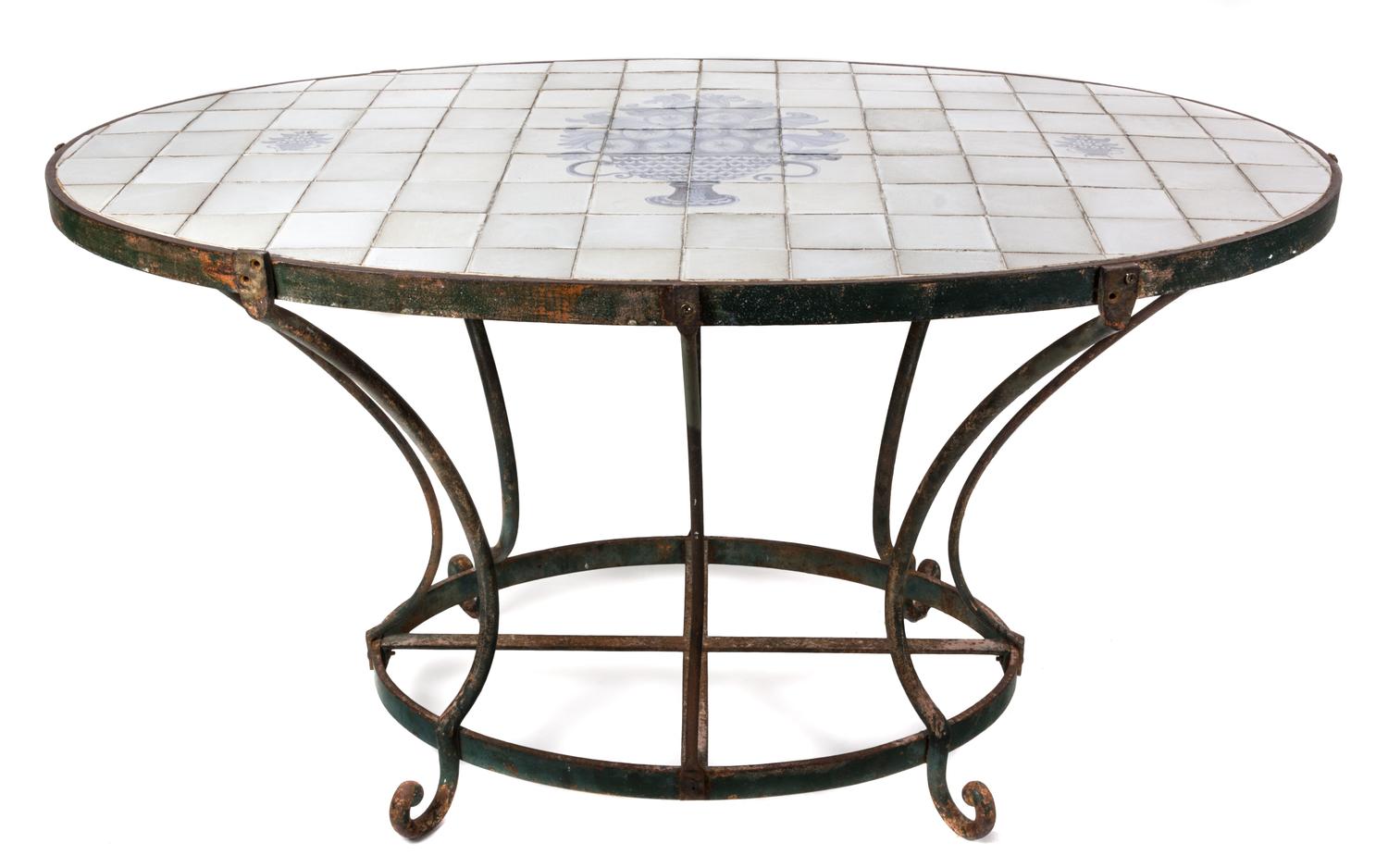 A Tiled and Patinated-Metal Center Table Height 33 x width 62 x depth 38 inches. — 19TH CENTURY