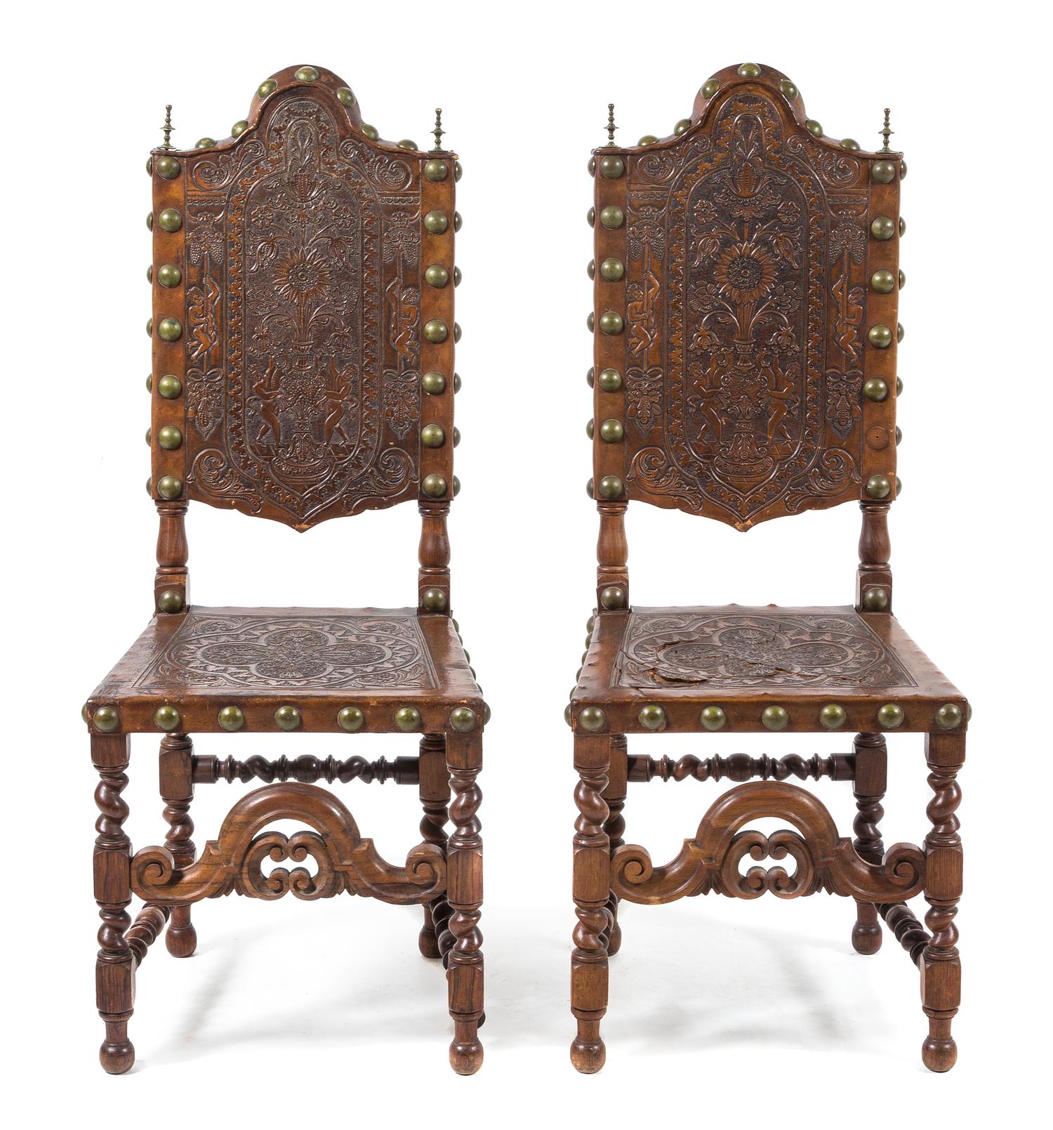 A Pair of Spanish Baroque Style Side Chairs Height 46 1/8 inches. — 19TH CENTURY