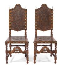 A Pair of Spanish Baroque Style Side Chairs Height 46 1/8 inches. — 19TH CENTURY