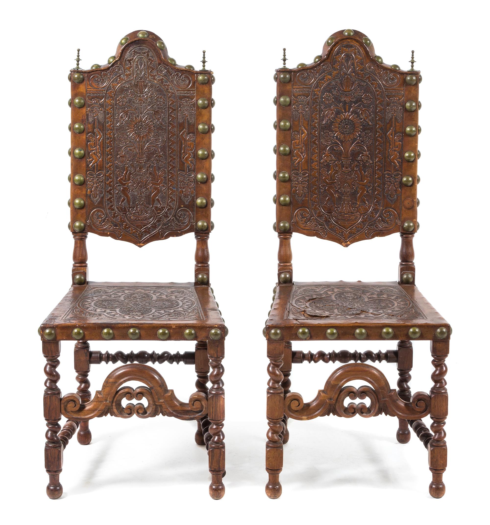 A Pair of Spanish Baroque Style Side Chairs Height 46 1/8 inches. — 19TH CENTURY