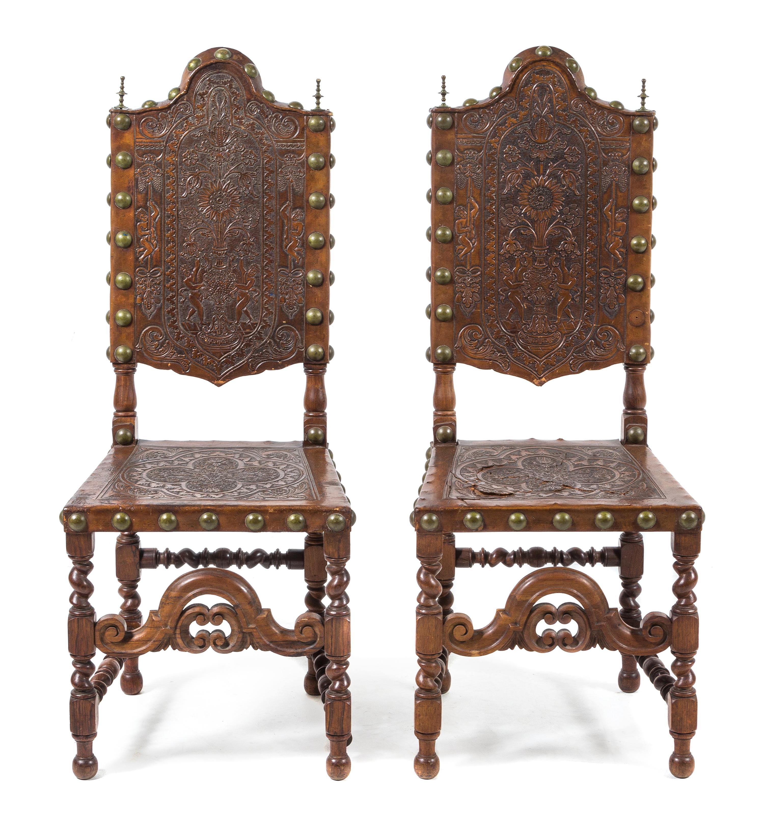 A Pair of Spanish Baroque Style Side Chairs Height 46 1/8 inches. — 19TH CENTURY
