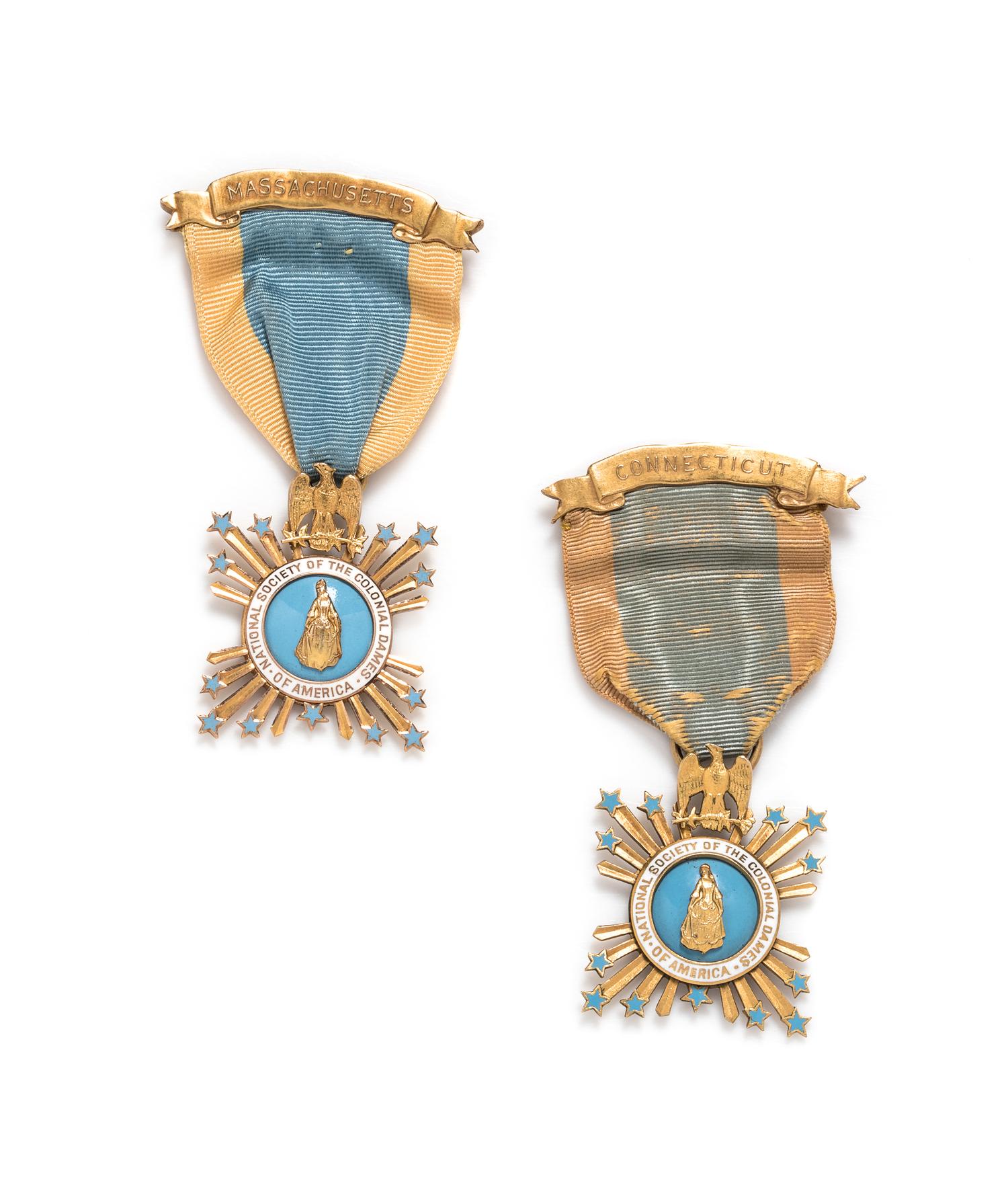 A Pair of 14 Karat Yellow Gold and Polychrome Enamel 'National Society of The Colonial Dames of America' Badges, Bailey Banks and Biddle,