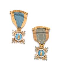 A Pair of 14 Karat Yellow Gold and Polychrome Enamel 'National Society of The Colonial Dames of America' Badges, Bailey Banks and Biddle,