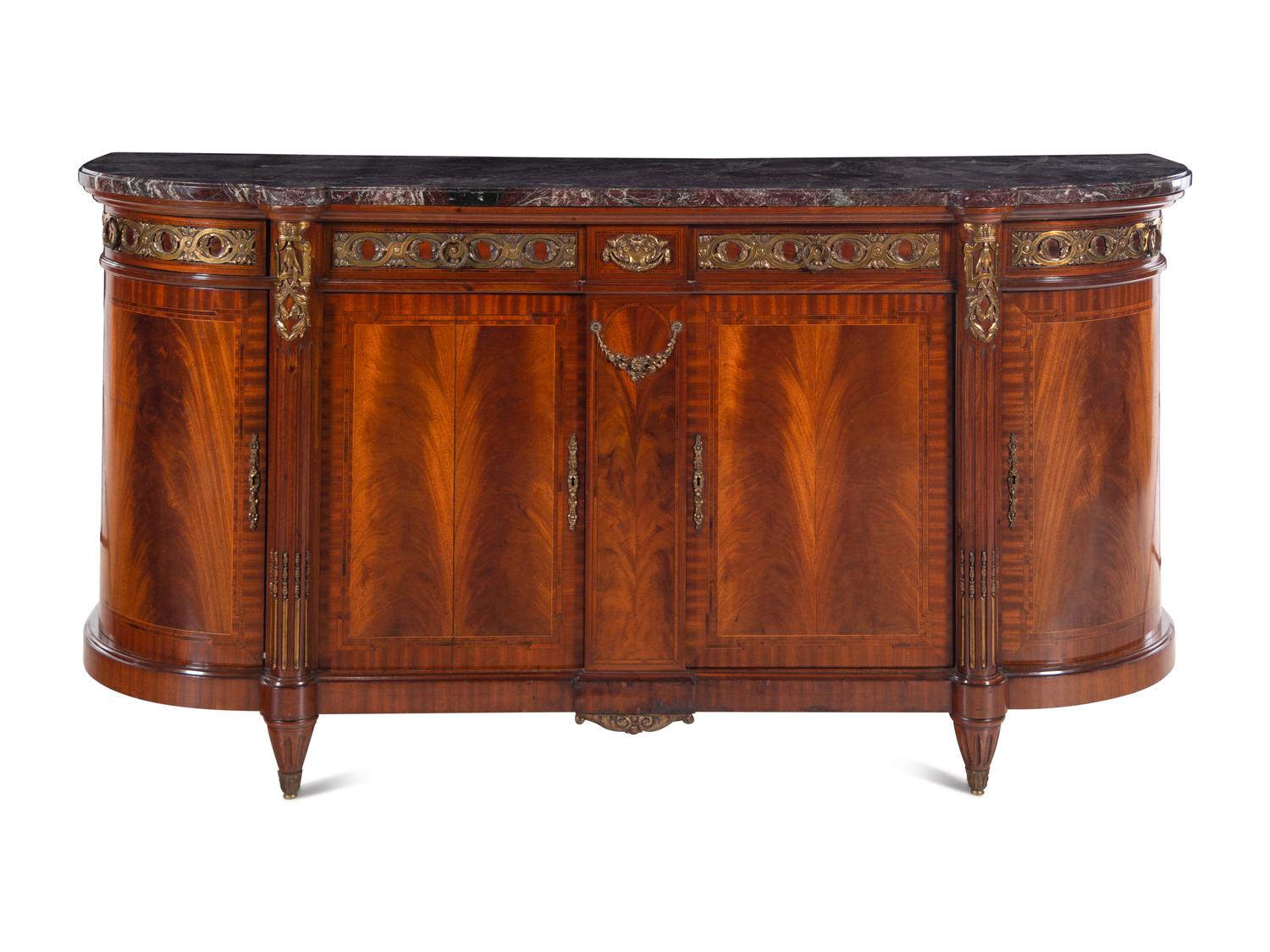 A Louis XVI Style Gilt Bronze Mounted Mahogany Marble-Top Console Cabinet