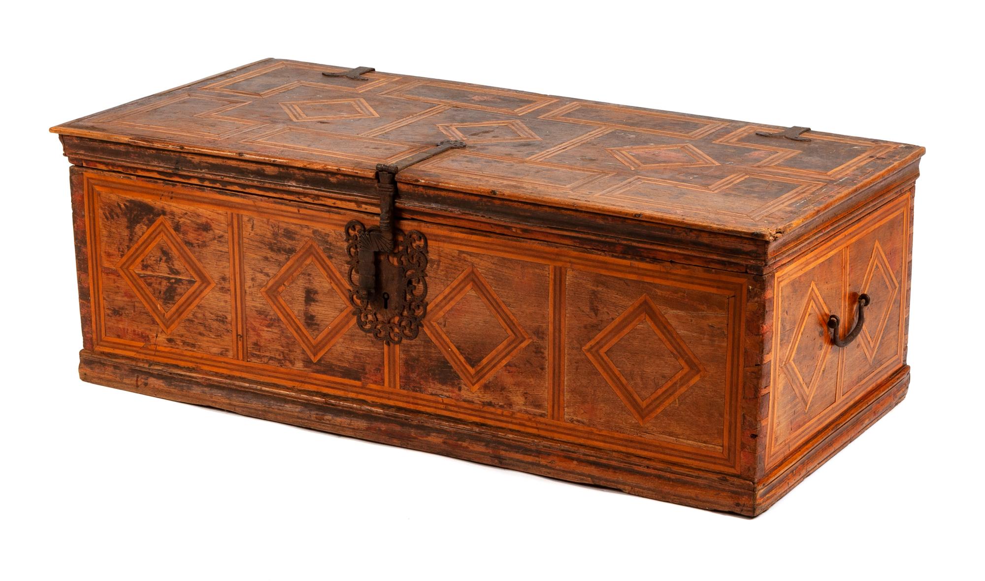 An Iron Mounted Italian Parquetry Chest Height 15 x width 43 x depth 20 1/2 inches. — 18TH/19TH CENTURY