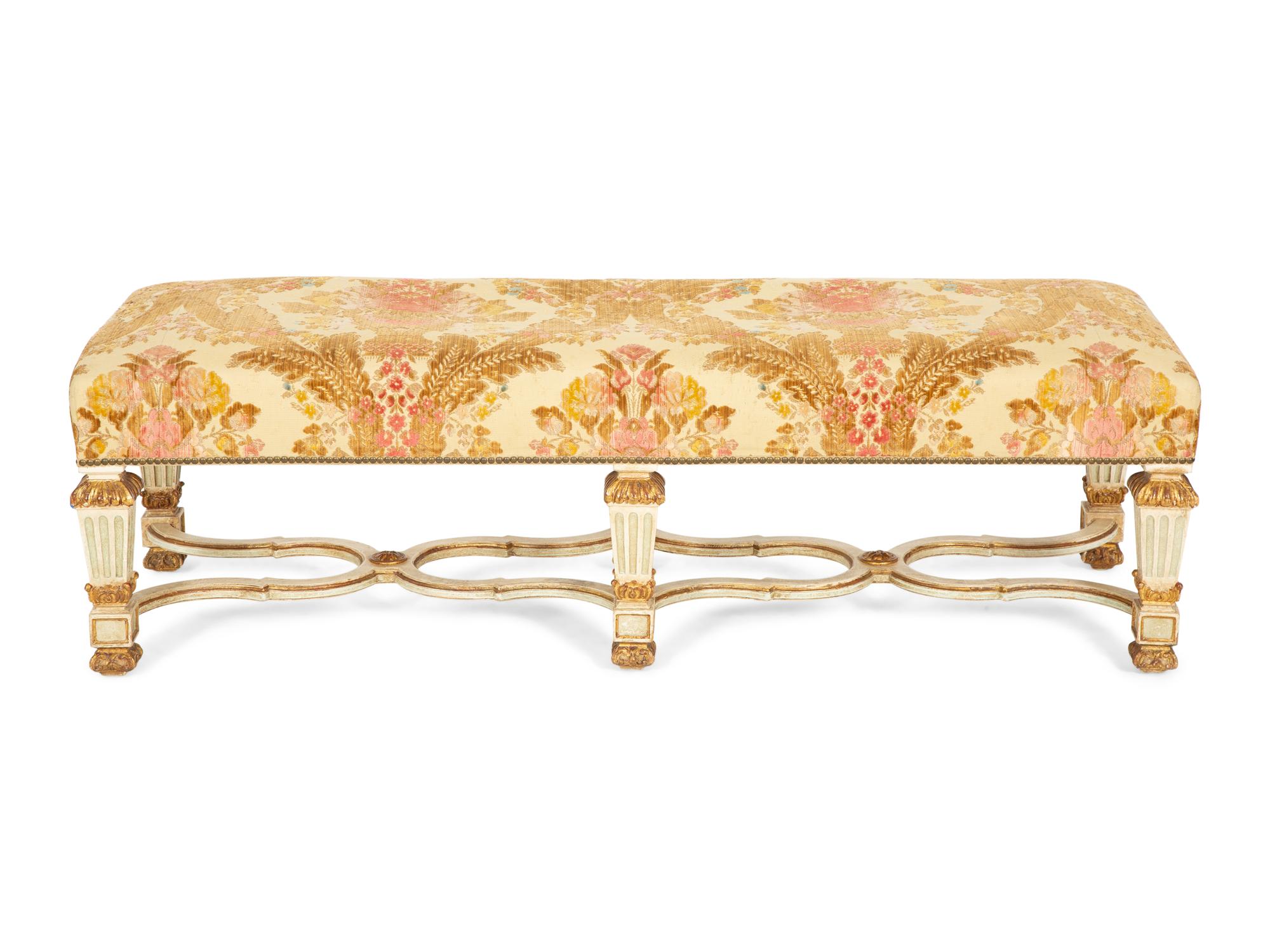 An Italian Painted and Parcel Gilt Bench