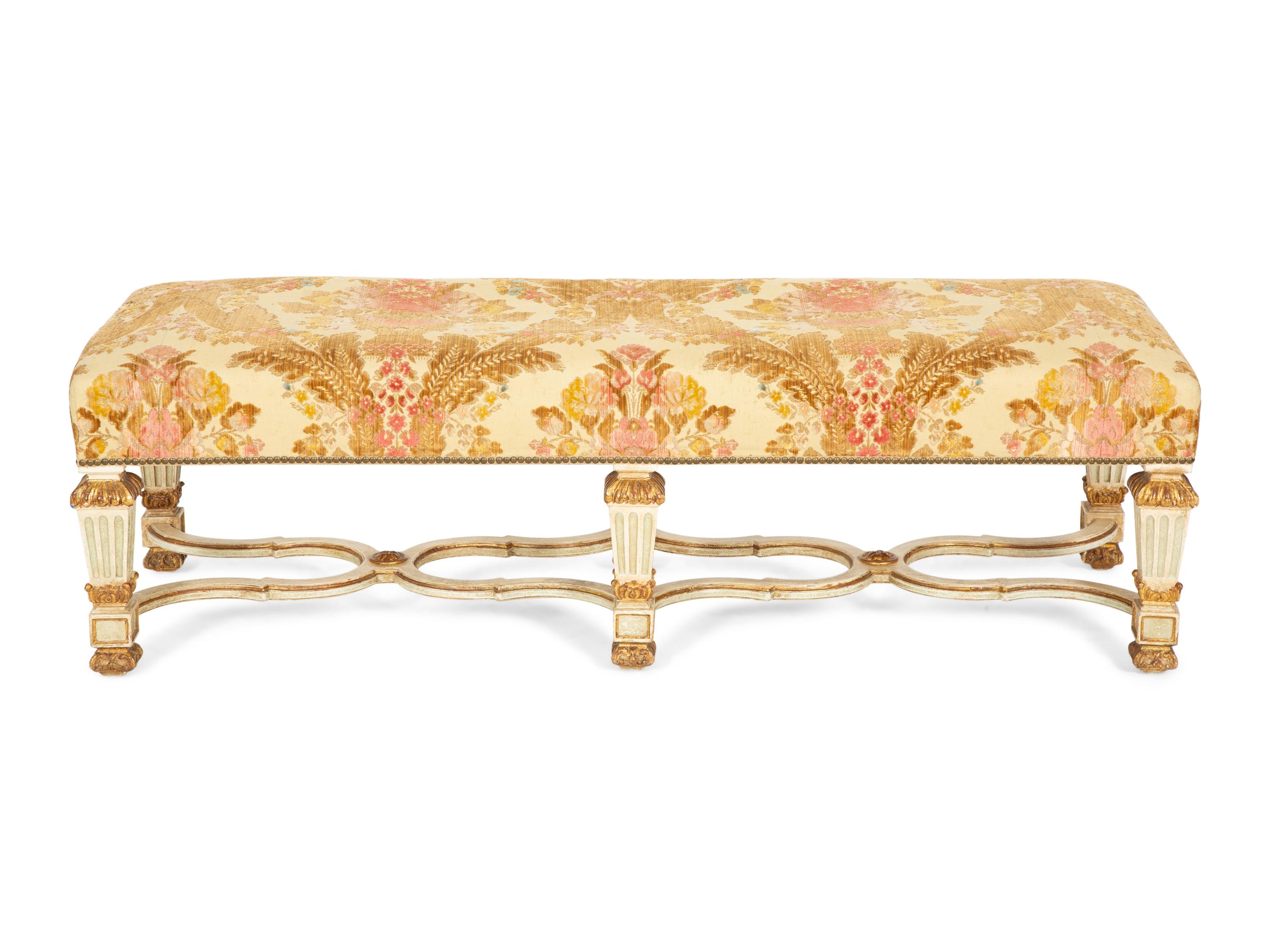 An Italian Painted and Parcel Gilt Bench