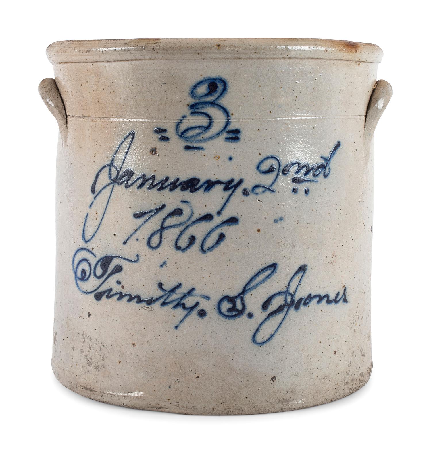An Ohio Cobalt Script-Painted Three Gallon Stoneware Crock