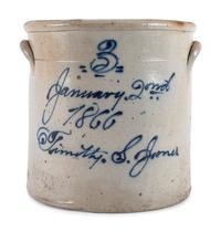 An Ohio Cobalt Script-Painted Three Gallon Stoneware Crock