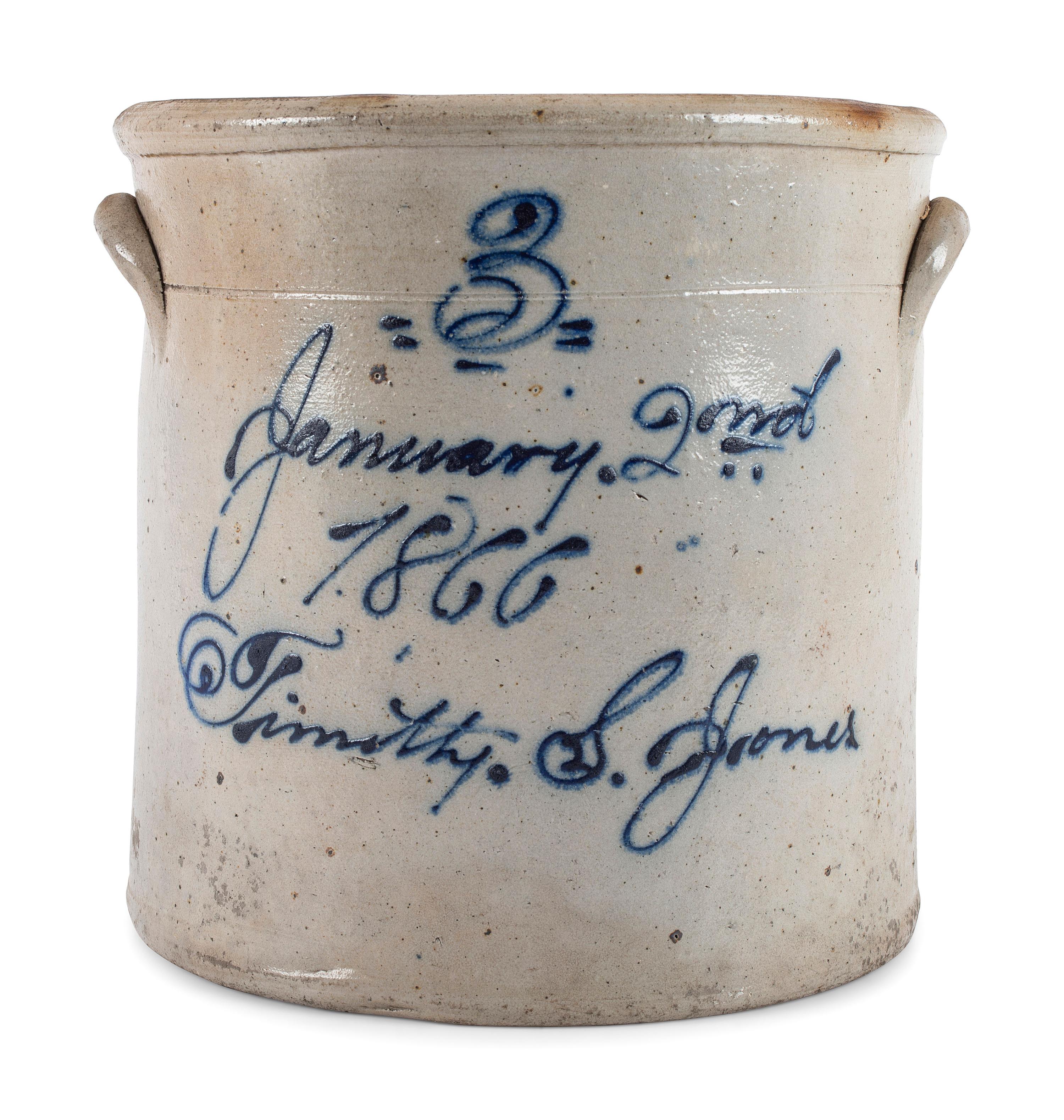 An Ohio Cobalt Script-Painted Three Gallon Stoneware Crock