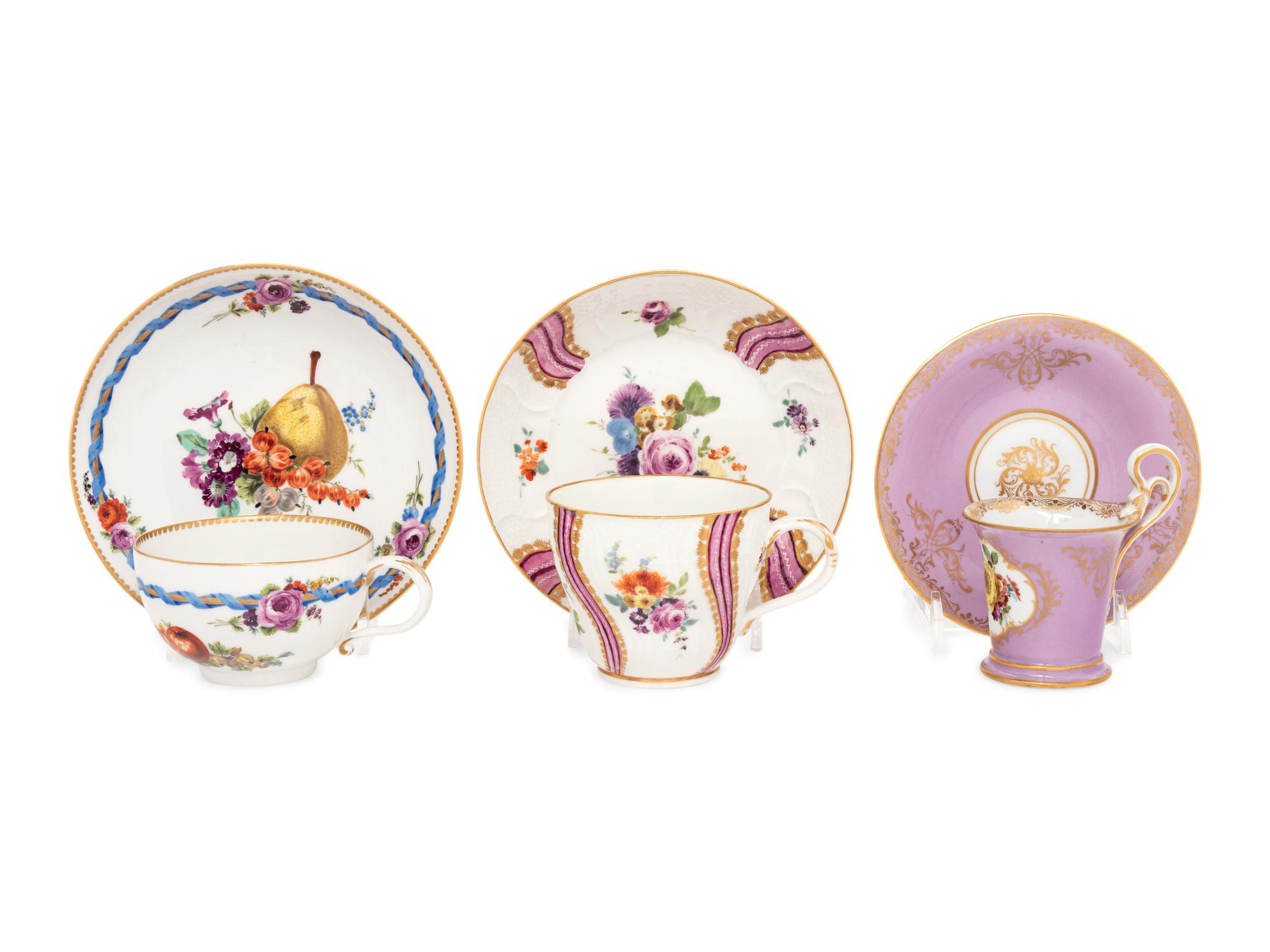 Three Meissen Porcelain Teacups and Saucers