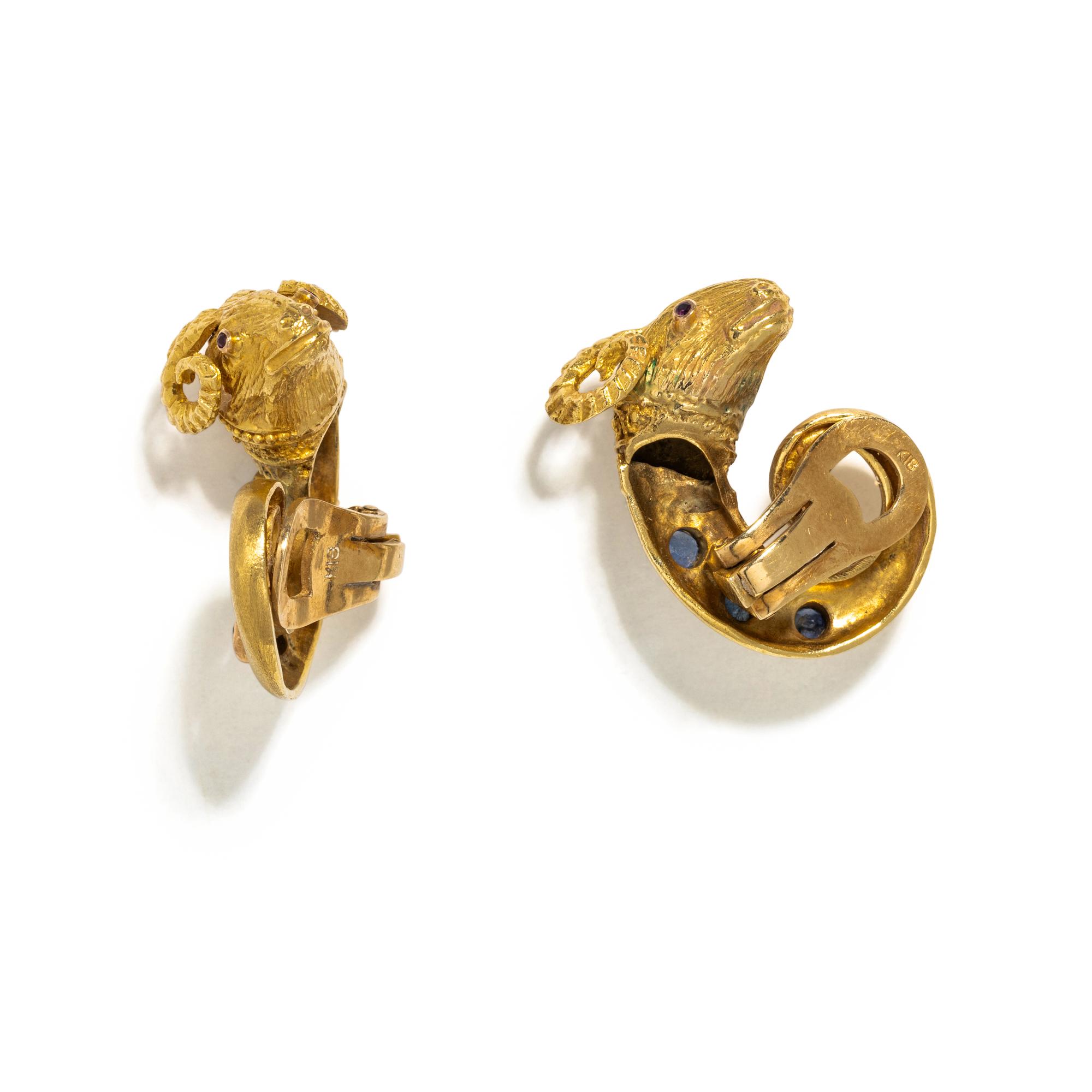 YELLOW GOLD AND SAPPHIRE RAM'S HEAD CLIP EARRINGS