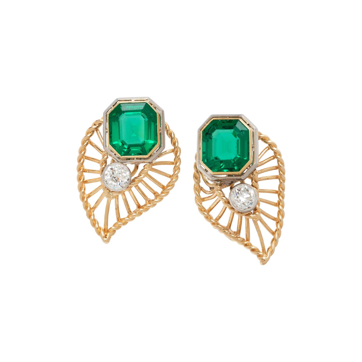 DAVID WEBB, YELLOW GOLD, DIAMOND AND GREEN GLASS EARRINGS